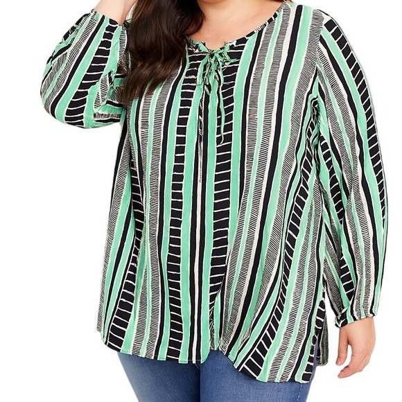 Lane Bryant Women's Block Printed Long Sleeve Lace Up Front Gauzy Blouse Size 18 - Picture 1 of 11